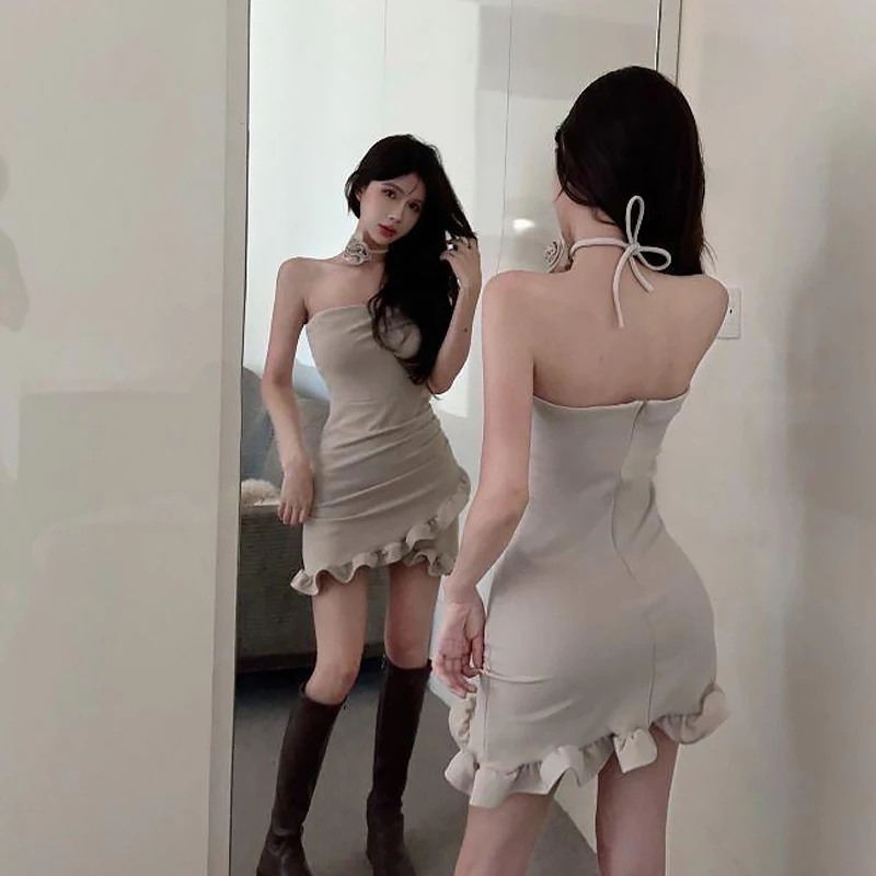 Vestido sin tirantes con borde de volantes irregulares para mujer, Vestido corto envuelto Sexy