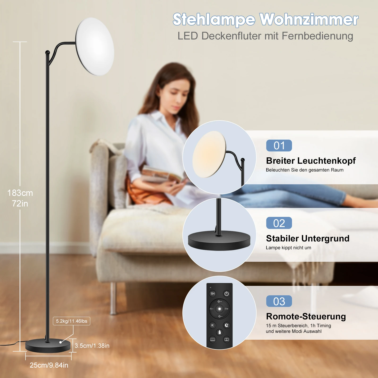 Simplicity LED-Stehlampe Schwarz Dimmbar mit Fernbedienung Uplighter Verstellbare Moderne Leselampe für Wohnzimmer Schlafzimmer