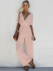 Jumpsuit Women 2024 Summer V-neck Short Sleeve Elegant Streetwear Jumpsuits For Quality Clothing Pantolonlar Solid Color Romper