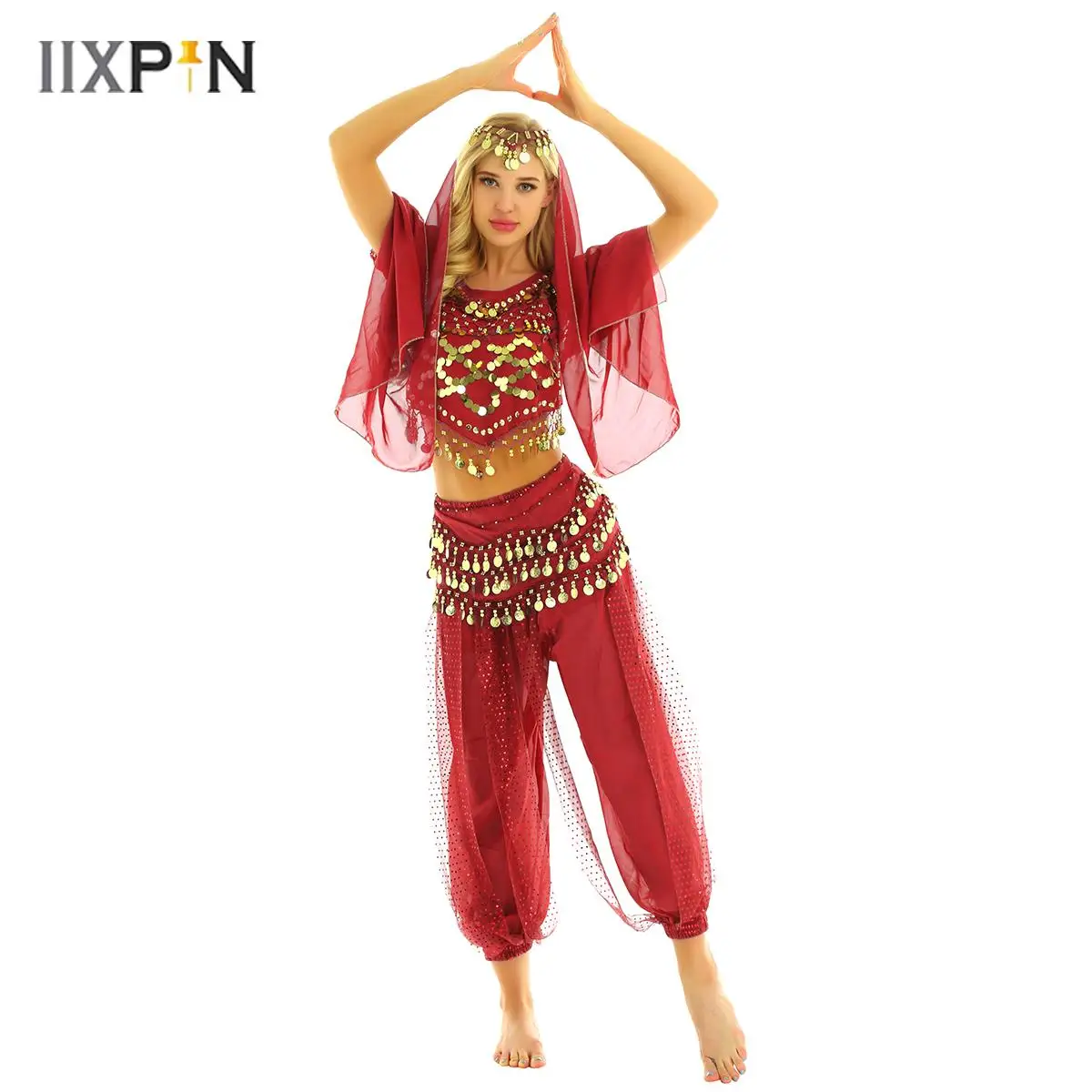 

Women Belly Dance Costume India Dance Set Short Sleeves Sequins Tank Tops+Harem Pants+Hip Scarf Skirt+Head Scarf Outfit Carnival