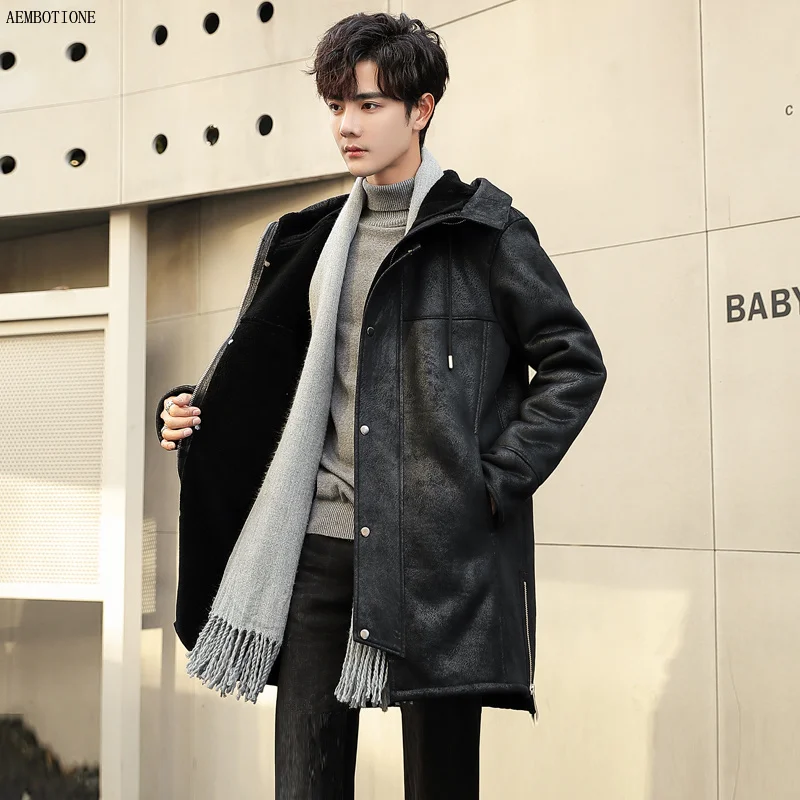 

New Men's Long Chamois Leather Coat Raccoon Collar Men Jacket Wool Liner Fur Outerwear Mens Winter Shearling Coats