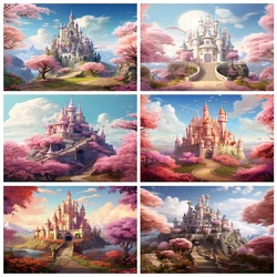 Princess Castle Backdrop for Photography Fairy Tale Blue Sky and White Clouds Photo Background Kids Girl Princess Birthday Decor