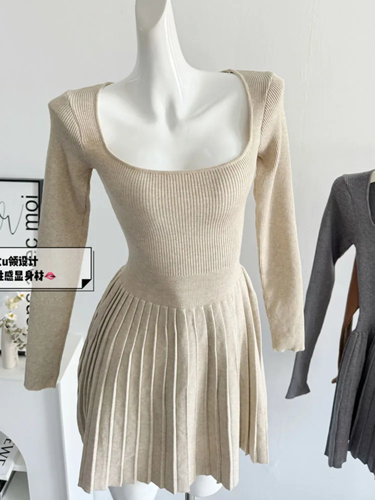 French Elegance Solid Fairy Dress Square Collar Fashion One-Piece 2000s Frocks Cashmere 2000s Aesthetic Sweet Formal Occasion