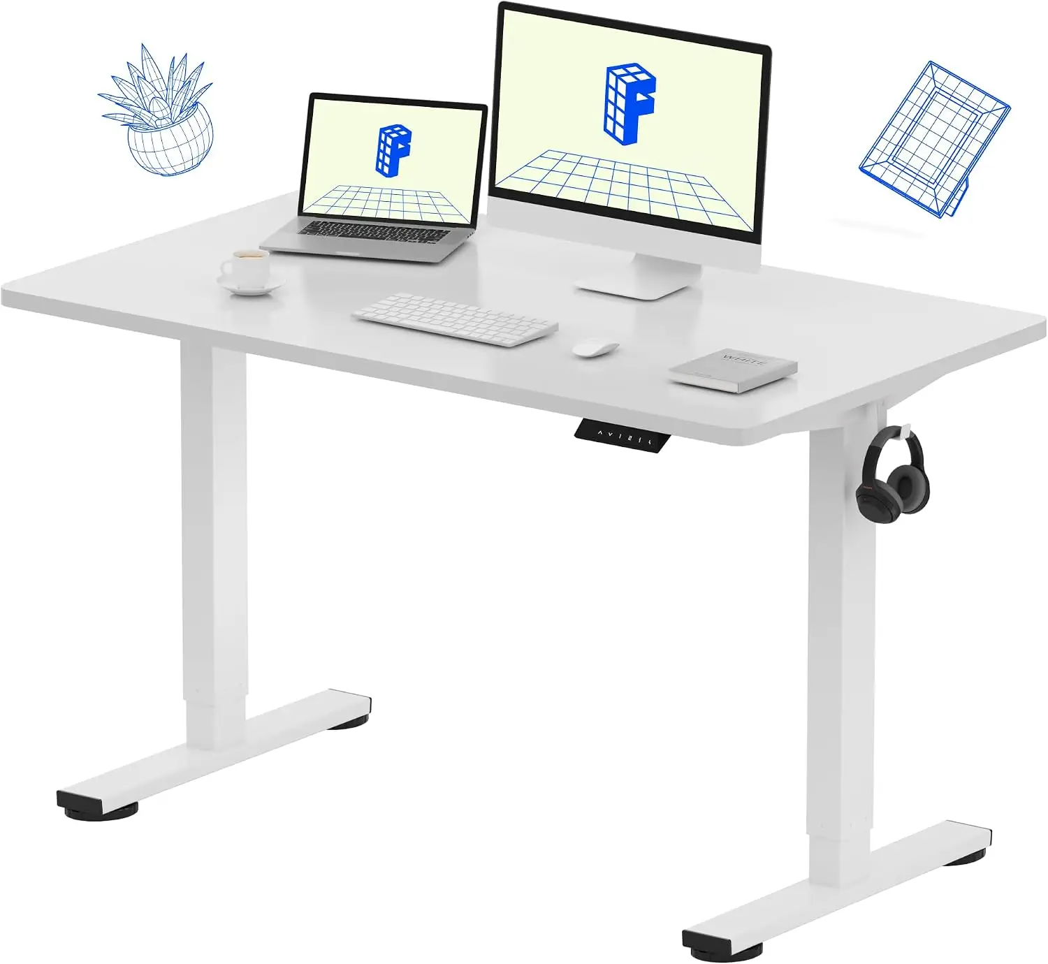 Standing Desk 48 Inch 24 Inch One Piece White Home Office 176 LBS Capacity Seamless Desktop 4 Memory Presets Dual Monitor Setup