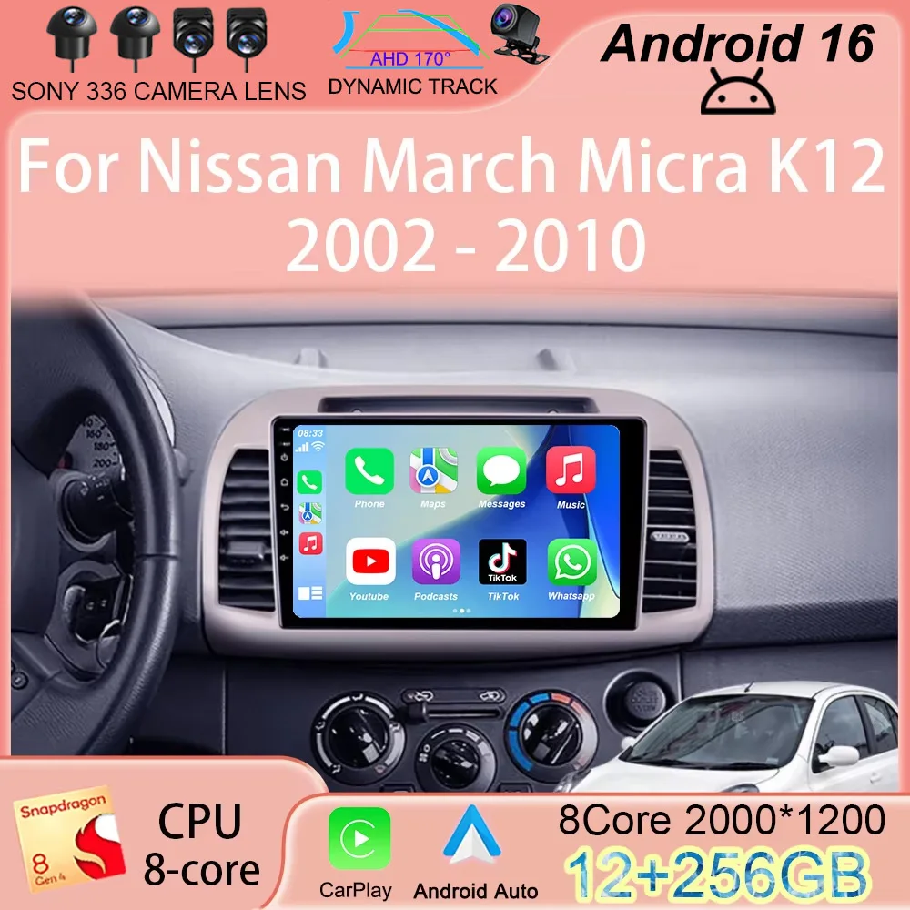 Android 16 Carplay Auto Car Radio For Nissan March Micra K12 2002-2010 Navigation Autoradio Audio Multimedia Video Player Stereo