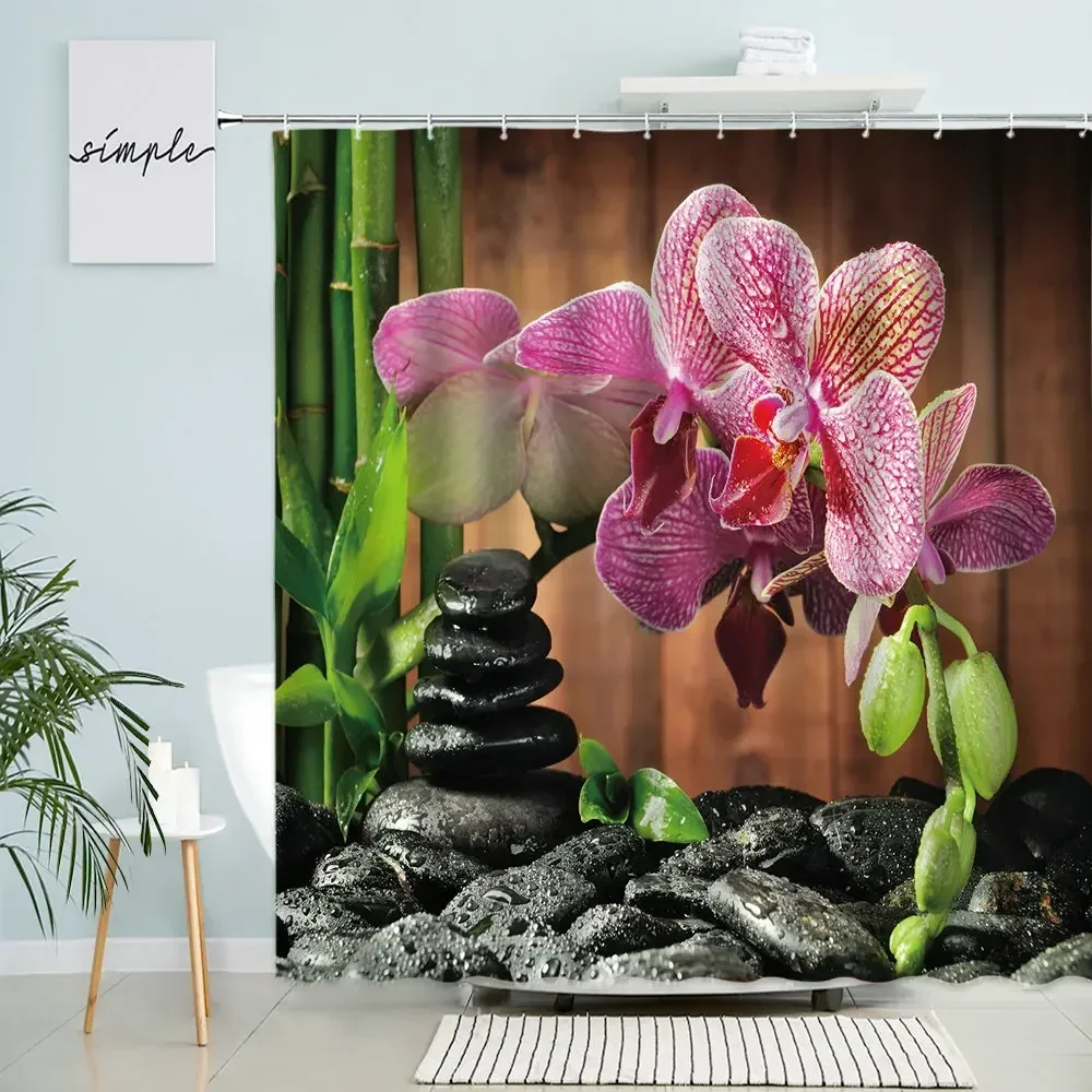 Zen Shower Curtain Spa Bath Room Stone Orchid Green Plant Bamboo Flower Old Wooden Board Bathtub Accessories With Hook Screen