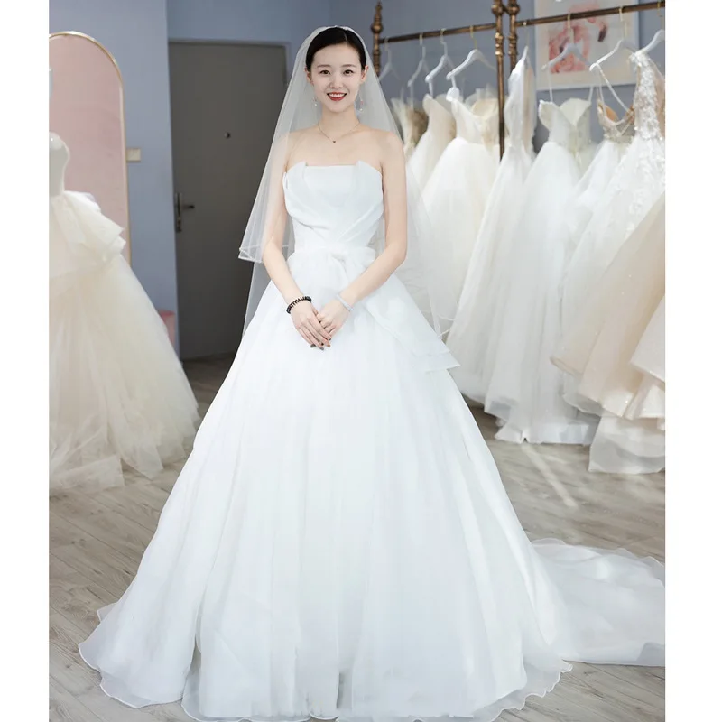 Strapless Wedding Dress 2025 New Style Slimming Princess Super Fairy Trailing Bow Bridal Gown with Neat Veil When Going Out