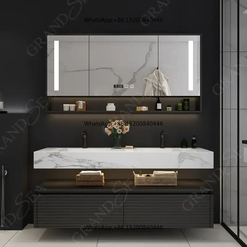 72 Inch White Oak Wood New Modern Design Double Sink Floating Bathroom Vanity Cabinet With Led Mirror