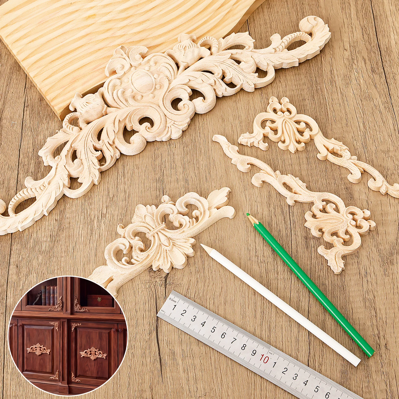 8 Pcs Wood Appliques and Onlays Decorative Wooden Furniture Carved Corner Applique Wood Carving Decal Home Furniture Decoration