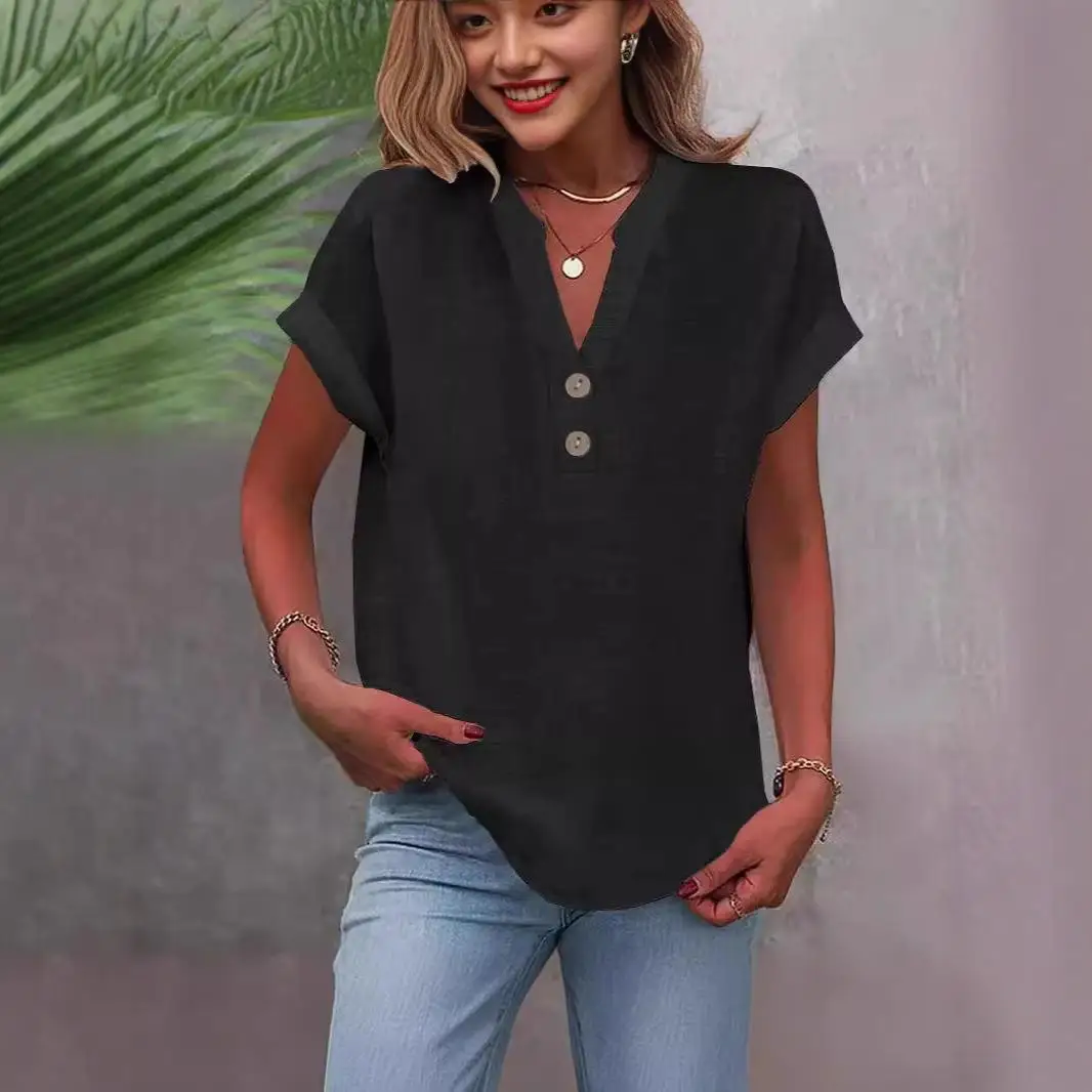 ياقة واقفة للنساء ort Sve irt مزيج القطن الرقيق جرس Sve نسيج البوليستر الصيف Faion السيدات irt
