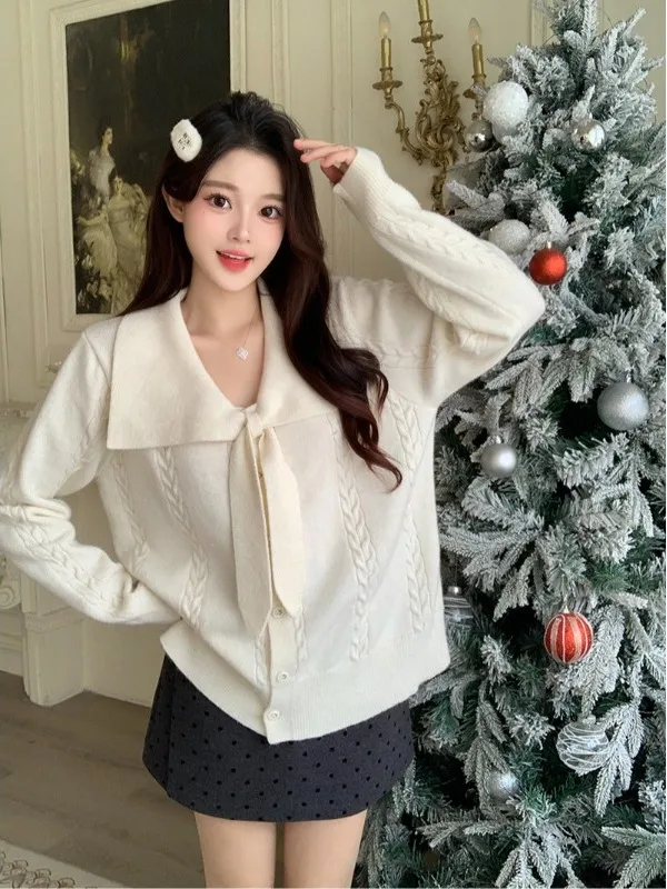 

plus Size Women's Knitwear Coat Winter New Loose Slimming Navy Collar Knot Open Cardigan Comfortable Korean Style L...