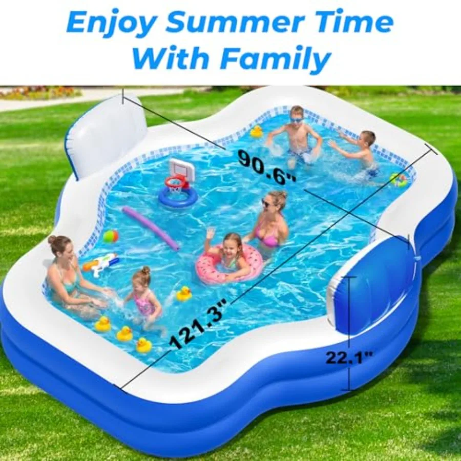 Inflatable Swimming Pool for Outdoor Garden Backyard Water Party, PVC Thickened Material, Blue, Includes Seat Pump for Quick In