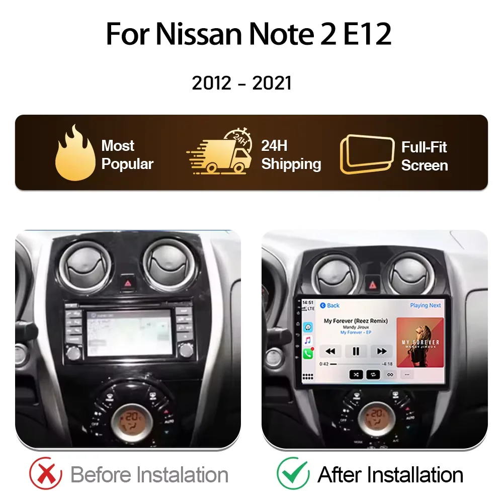 Android 16 Carplay Auto For Nissan Note 2 E12 2012-2021 with 4G+WiFi GPS Navigation Multimedia Video Player Stereo Bluetooth