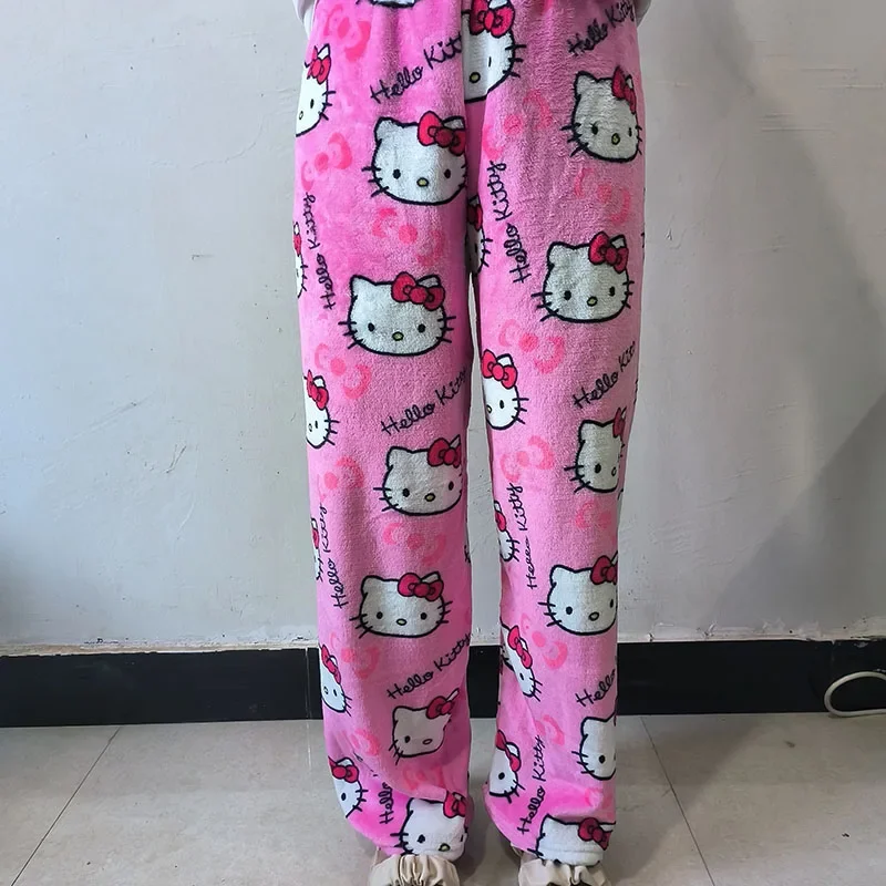 Sanrio-pantalones de pijama de lana de Hello Kitty para mujer, Pantalones suaves de Coral, pantalones casuales para el hogar, regalo de cumpleaños de dibujos animados de Anime Kawaii