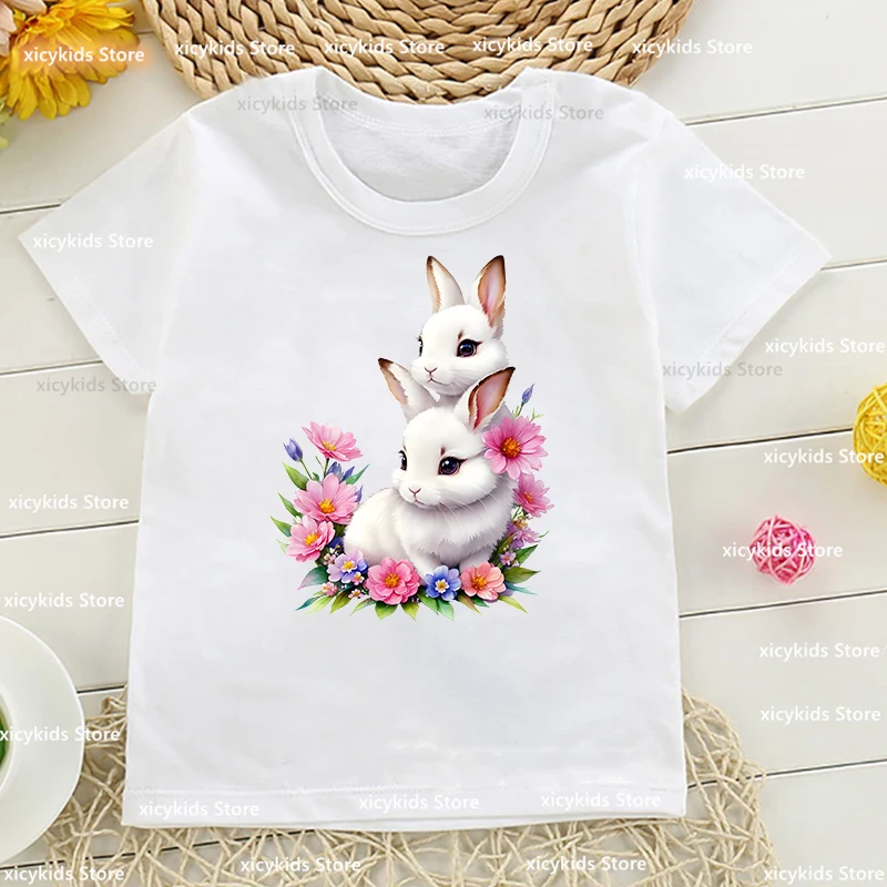 Fashion New Girls T-Shirt Lovely Flowers And Rabbit Cartoon Printed Children Tshirt Summer Aesthetic Girls Clothing dropshipping