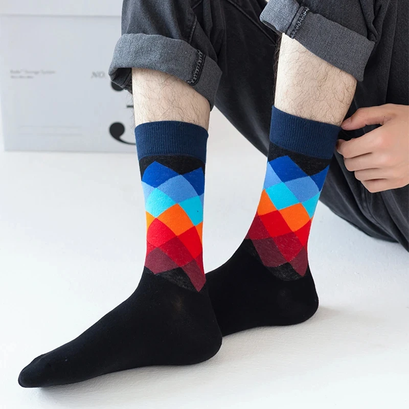 Men\'s Happy Mid length Socks Cotton Diamond Grid Casual Socks Breathable Multi Color Fun Socks Business Men\'s High Quality Socks