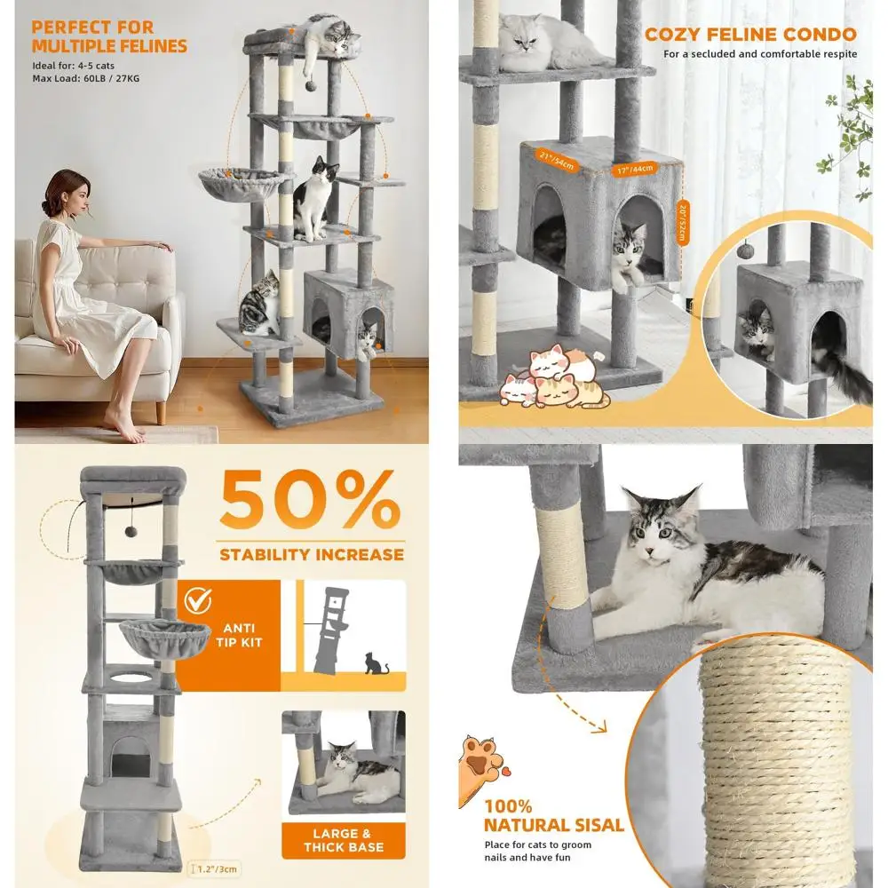 

Высокий 5-уровневый кошачий домик-дерево для больших кошек, 71 см, с 5 стойками для когтей, 2 гамаками, лежанкой, платформой, серый