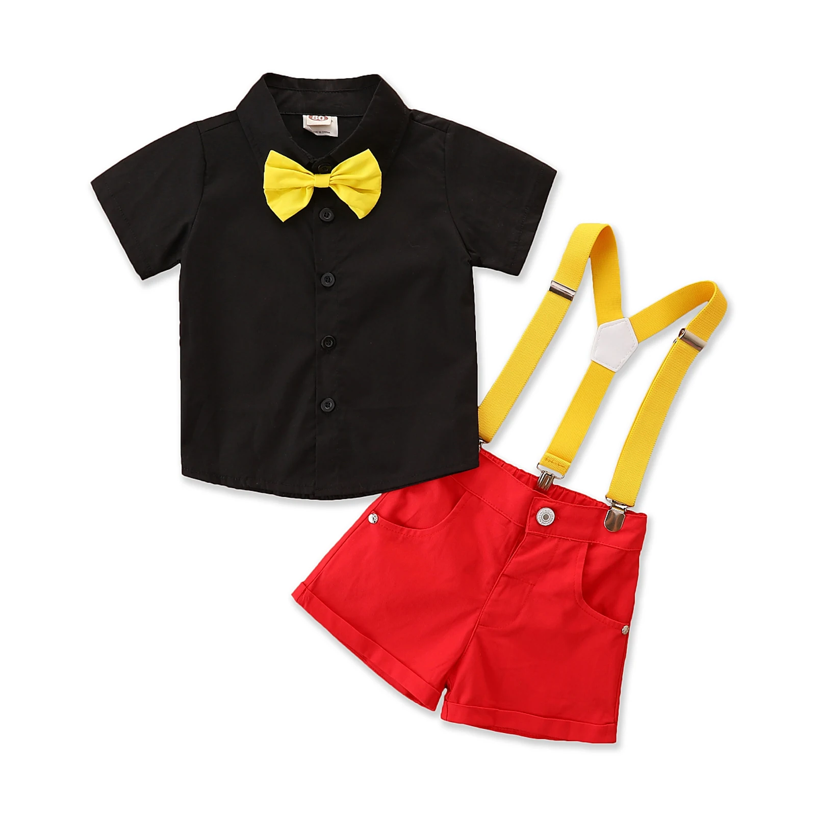 2021-06-29 Lioraitiin 0-5Years Toddler Boys Gentleman Suits, Summer Short Sleeve Bowtie Lapel Shirt Bib Shorts Set