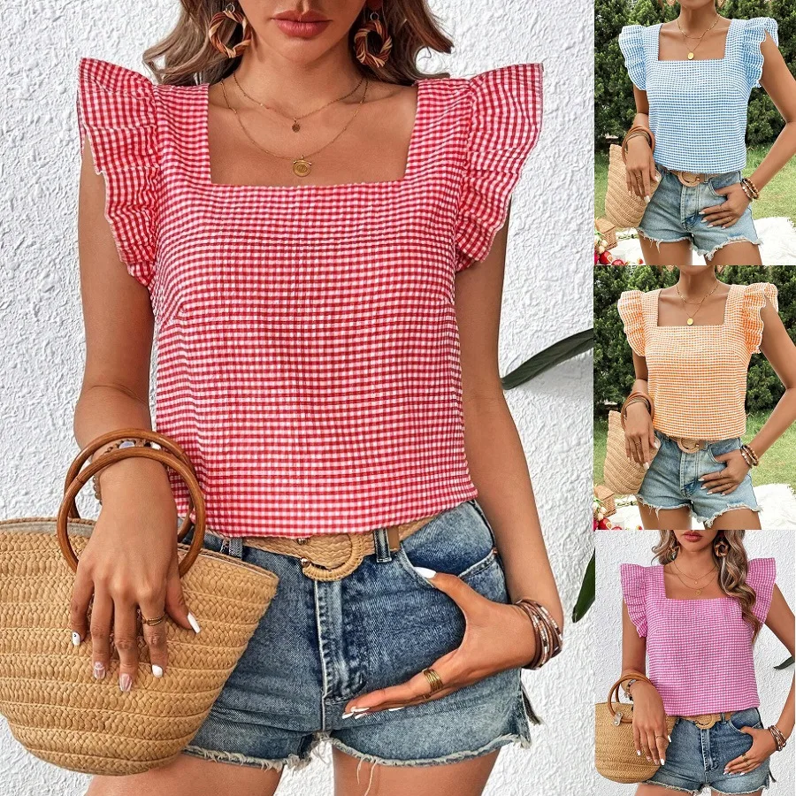 

2025 Spring Summer Women's Plaid Shirt Lotus Leaf Sleeve Square Collar Red Top Fashion Girl Pink Versatile Casual Street Blouses