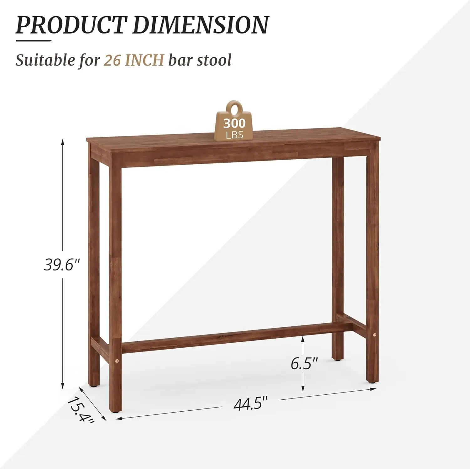 Bar Table, 45 inch Counter Bar Height Pub Table, Rectangular Acacia Wood High Top Kitchen Dining Table, Indoor Use, Teak Brown