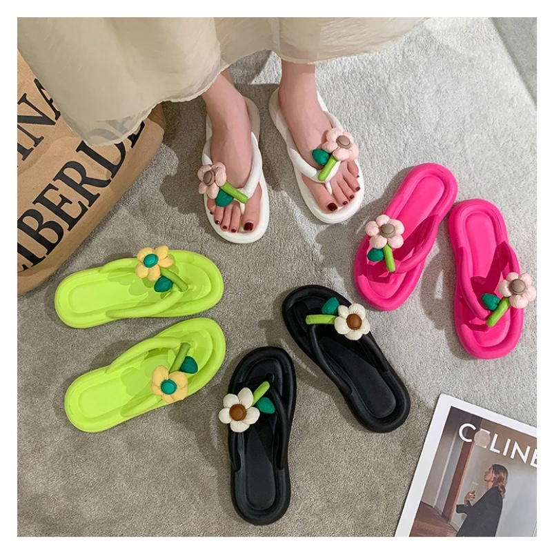 Women Flip Flops Cute Candy Color Flowers Slippers Summer Fashionable Versatile Flat Beach Sandals