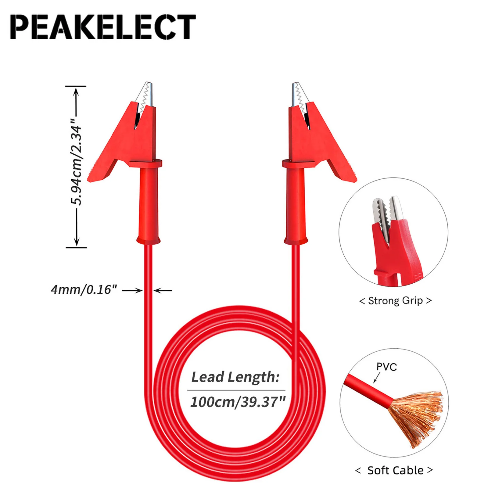 PEAKELECT P1024 2PCS Doppi clip a coccodrillo Puntali Morsetti a coccodrillo resistenti Cavi di prova per multimetro 1000V 15A Cavo da 100 cm