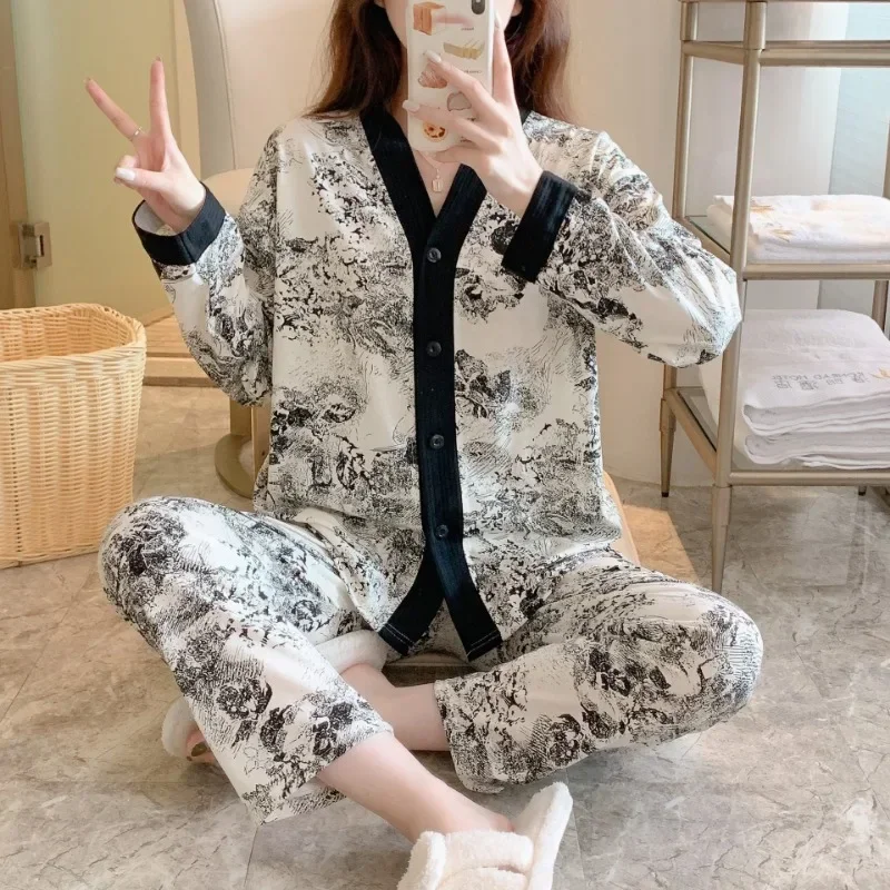 Women\'s Pajamas Set Plus Size Sleepwear Homewear Cardigan Long Sleeves Student Nightwear Loungewear Two-Piece Set Sweet Floral