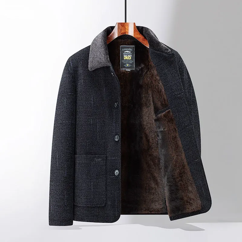 Autumn Winter Fleece Thick Lapel Chenille Padded Jacket Men's Middle-Aged Casual Warm Outerwear
