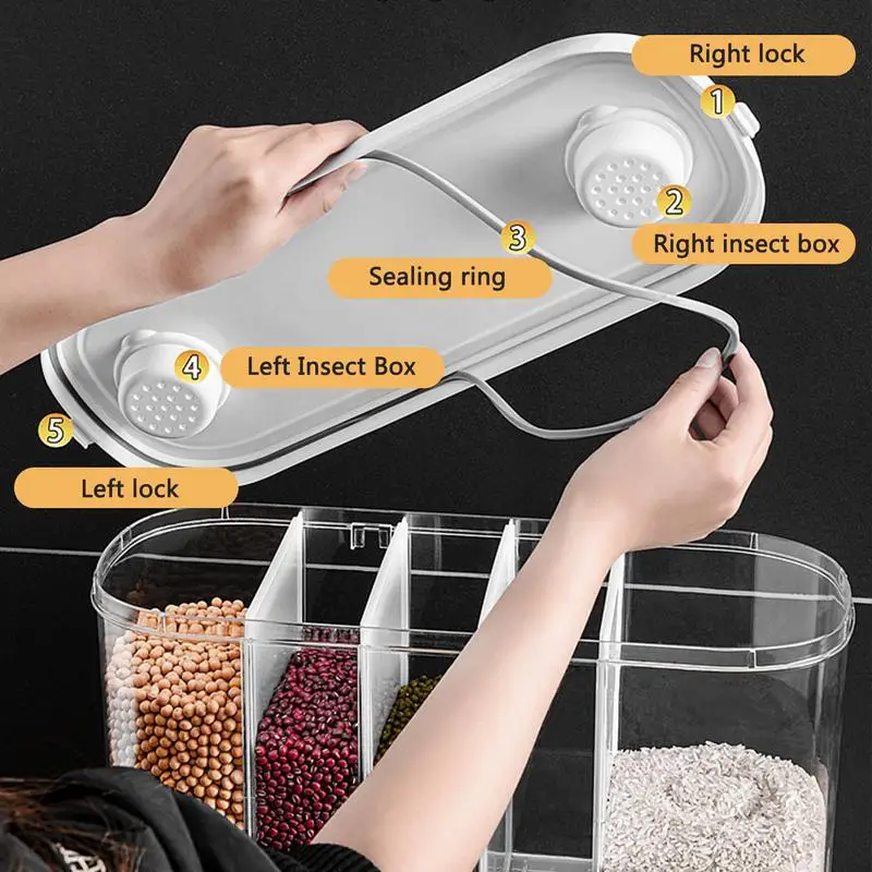 Rice Dispenser 5-Grid Airtight Cereal Dispenser Countertop 12L Dry Food Storage Container For Soybean Grains Flour Wall-Mounted