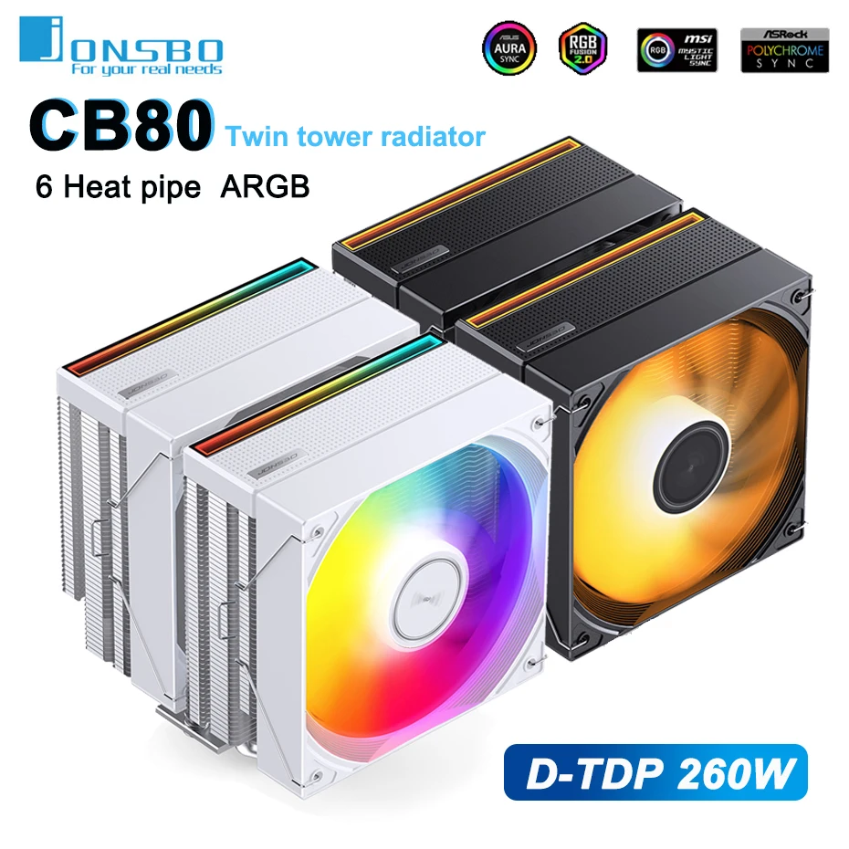 JONSBO CB80 CPU Air Cooler 6 heat pipes Twin tower nickel plated 120mm CPU Cooler ARGB Fan For LGA1700 115X 1200 1851 AM4 AM5