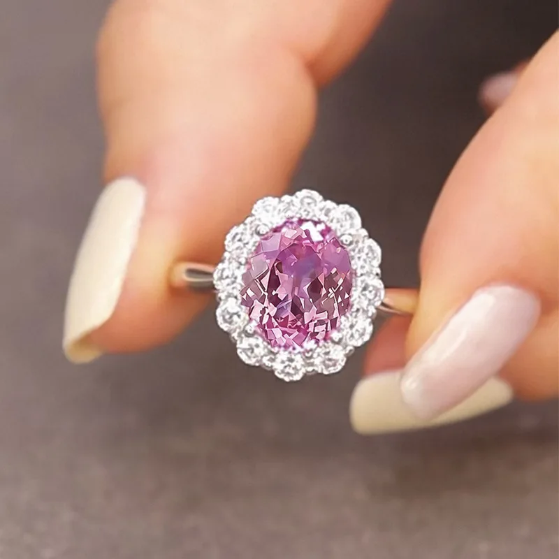 Cultivate a new 100% S925 silver Dan shaped pink blue treasure ring 8 * 10mm oval surround light luxury wedding jewelry