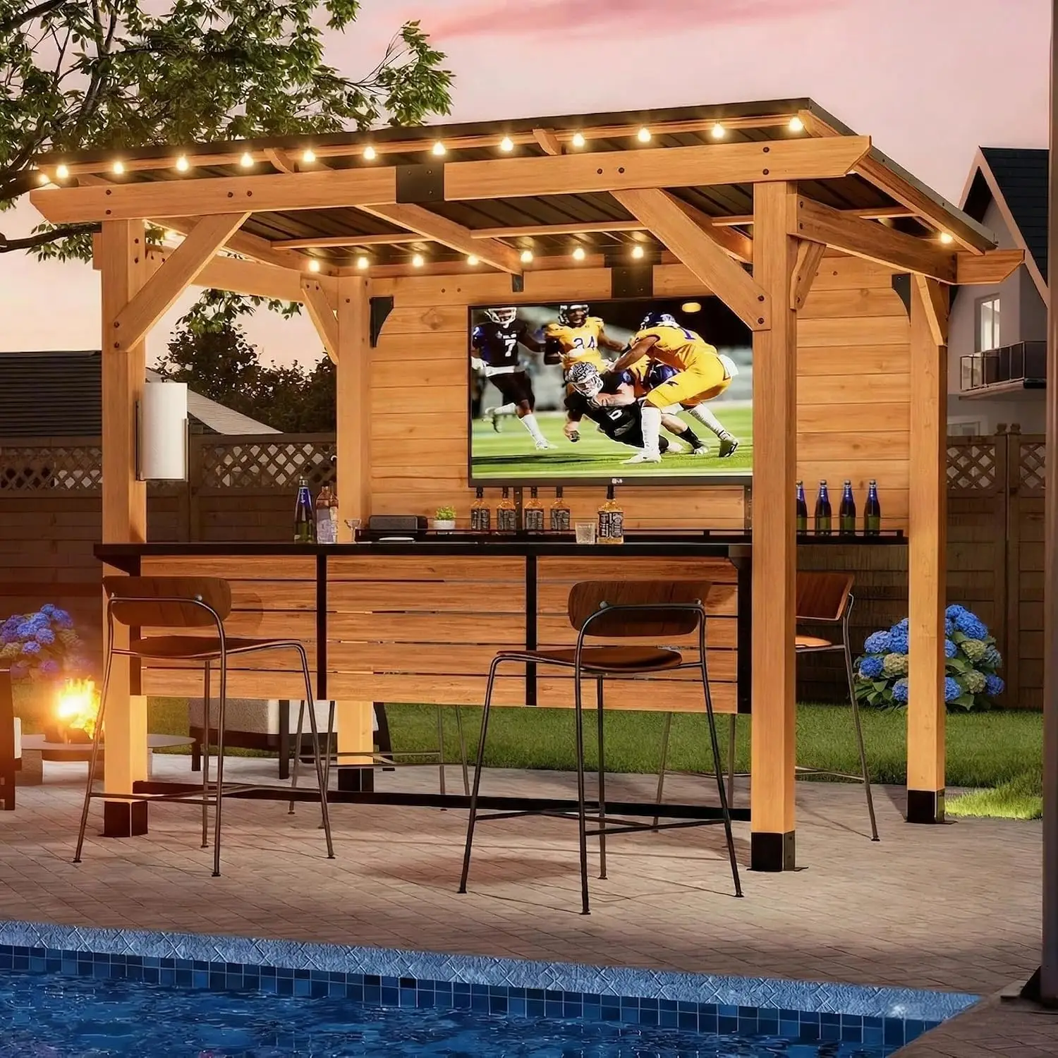 6x8FT Cedar Wood Entertainment Bar Center - Modern Outdoor Bar Gazebo with Galvanized Steel Roof & TV Support, Customized