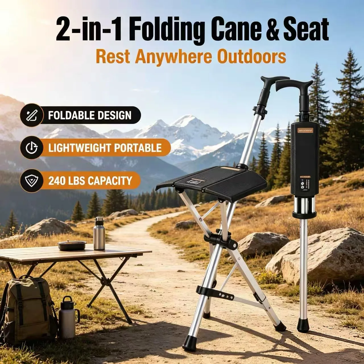2‑in‑1 Foldable Cane Seat 240 LBS Lightweight Portable Aluminum Walking Stick Outdoor Hiking Camping Chair for Elderly Travelers