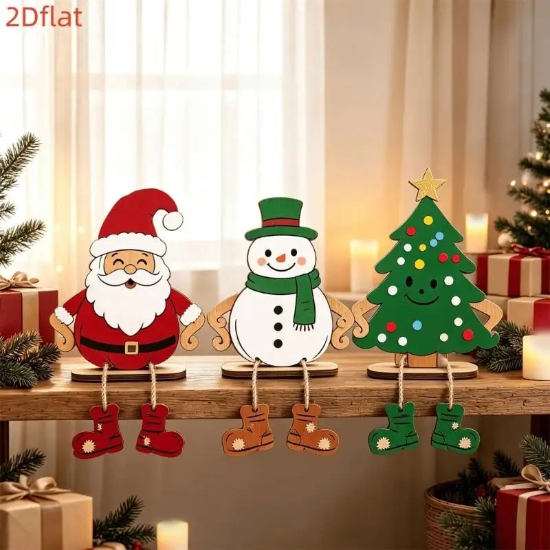 652F Christmas Table Sign Decorations, Wooden Santa Snowman Tree Figurine Set of 3 With Freestanding Bases and Dangling Legs