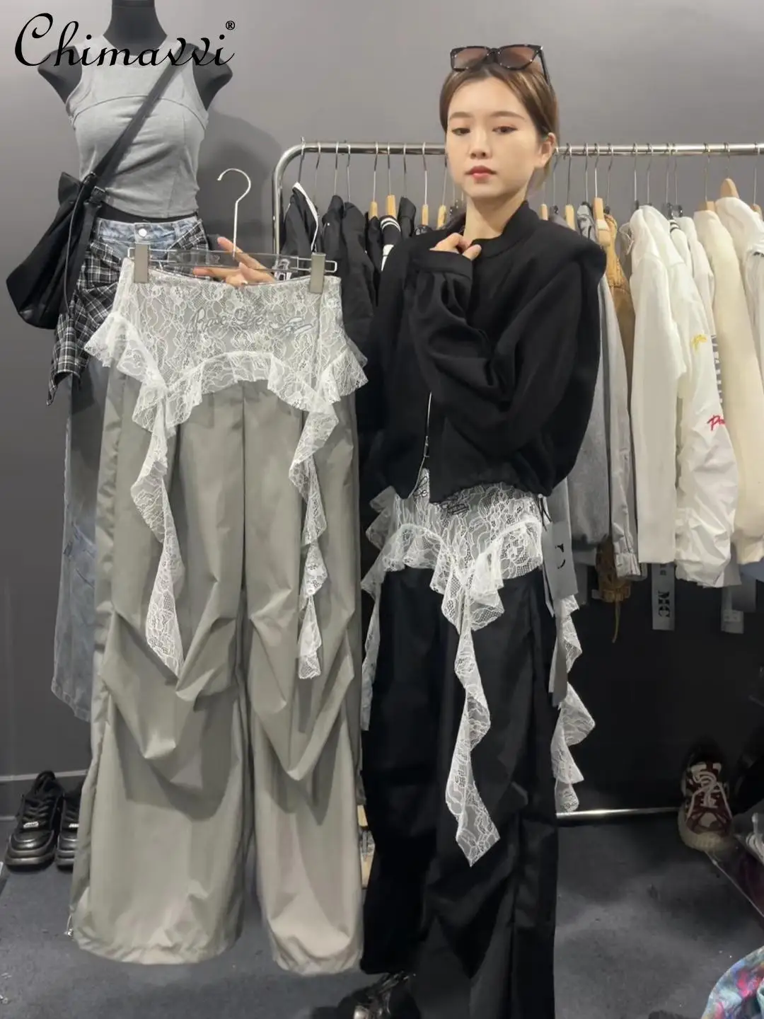 

Summer New Fashion Fake Two Pieces Personalized Irregular Lace Streamer Tooling Wide-leg Pants Sweet Cool Girl Casual Trousers