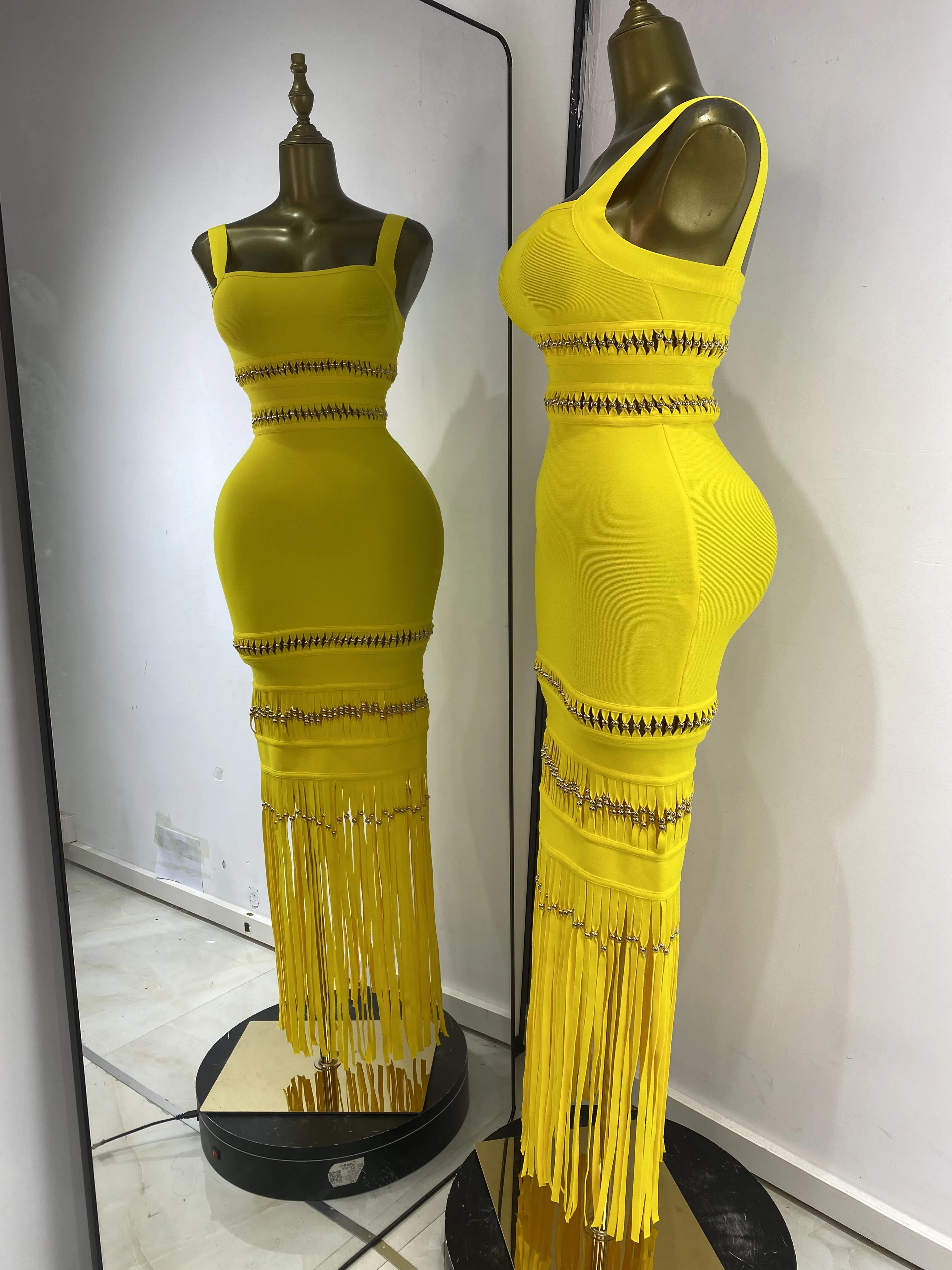celebrity club dresses for cheap Women Yellow Bandage Dress Sleeveless Square Collar Hollow Out Tassel  Bodycon Long Celebrity Evening Club Party Dresses