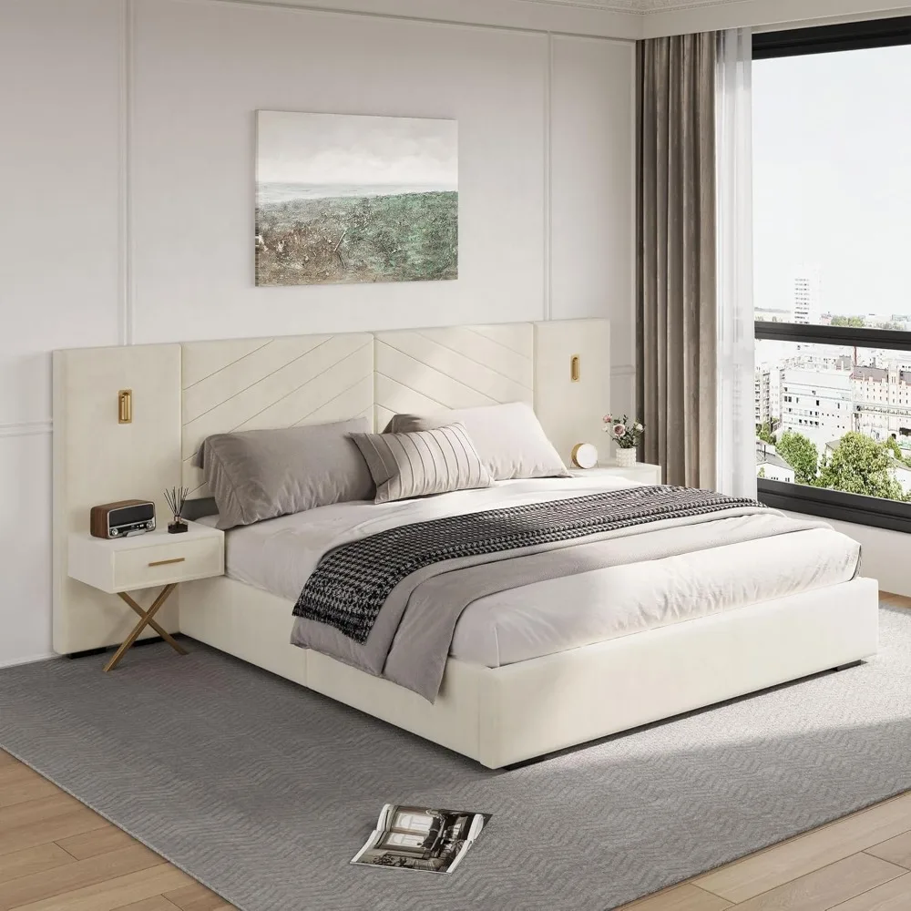 Luxury King Bed Frame with Built-in Gold LED Lights and Nightstands, King Size Platform Bed with Oversize Upholstered Headboard