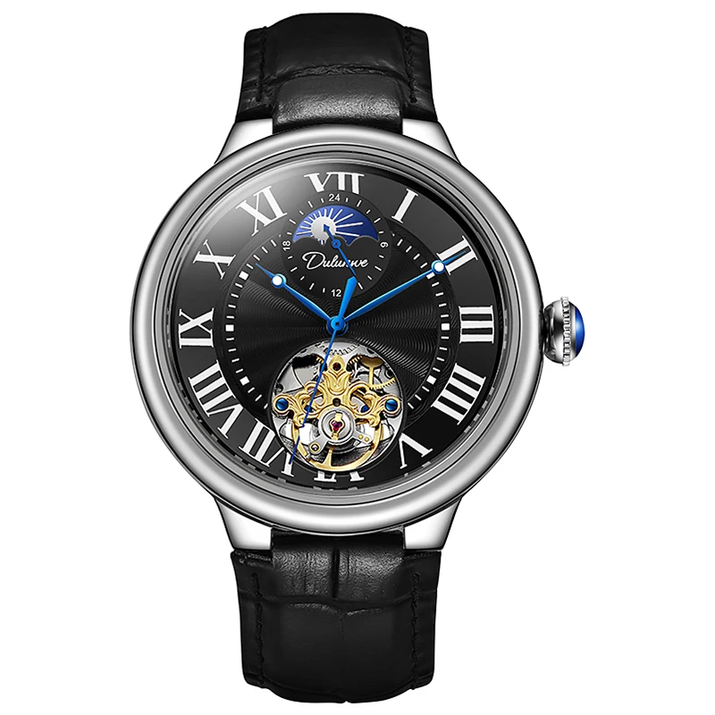 Dulunwe Automatic Mechanical Watch for Men Moon Phase Sun Display Roman Numerals Skeleton Dial Leather Strap Wristwatch