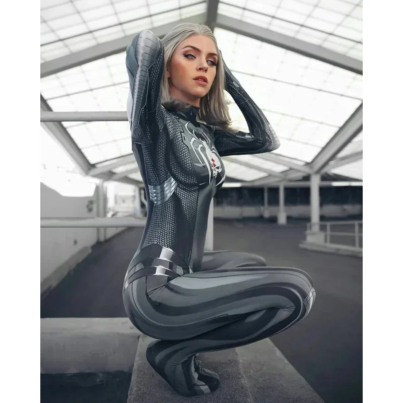 ฮาโลวีน Black Widow คอสเพลย์เครื่องแต่งกายหญิงสาวสีขาว Jamie Black Widow Catsuit Zentai สูทผู้ใหญ่เด็ก Party Bodysuit @ 0Z *
