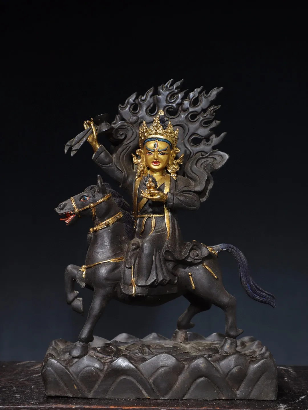 Tibetan Old Bronze Buddha Bronze Gilded Colored Painted Face Riding Horse, Auspicious Heavenly Mother Protecting Buddha Statue D