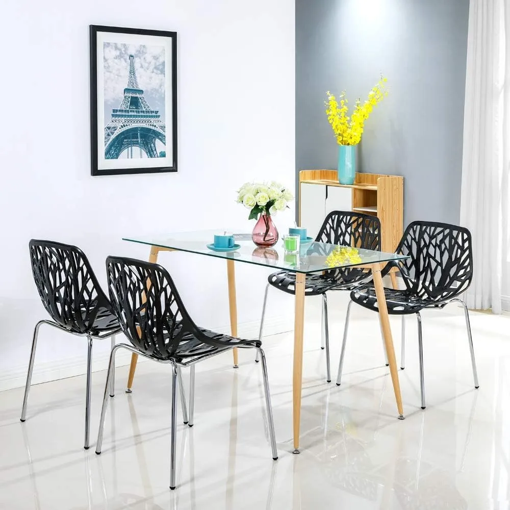 

Modern Stackable Dining Chair Set of 4 for Kitchen, Black, Plastic Birch Sapling Chairs for Dining Room,Living Room Waiting Room