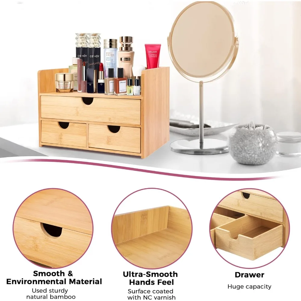 Large Bamboo Makeup Organizer with 1 Drawer and 2 Smaller Drawers, 100+1 Uses, Durable Smooth