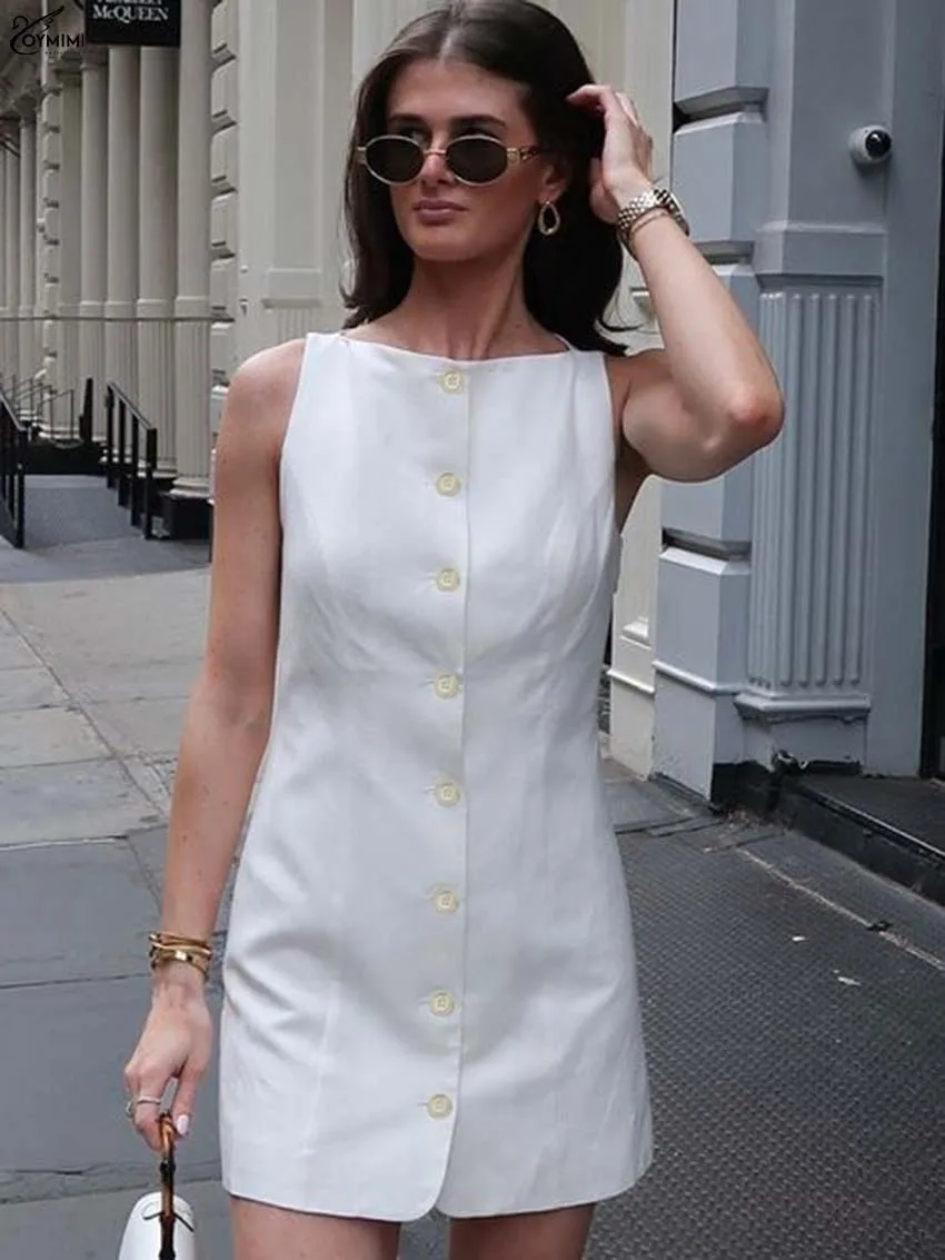 

Oymimi Casual White O-Neck Women's Dress Fashion Sleeveless Single Breasted Dresses Elegant Straight Mini Dresses Streetwear