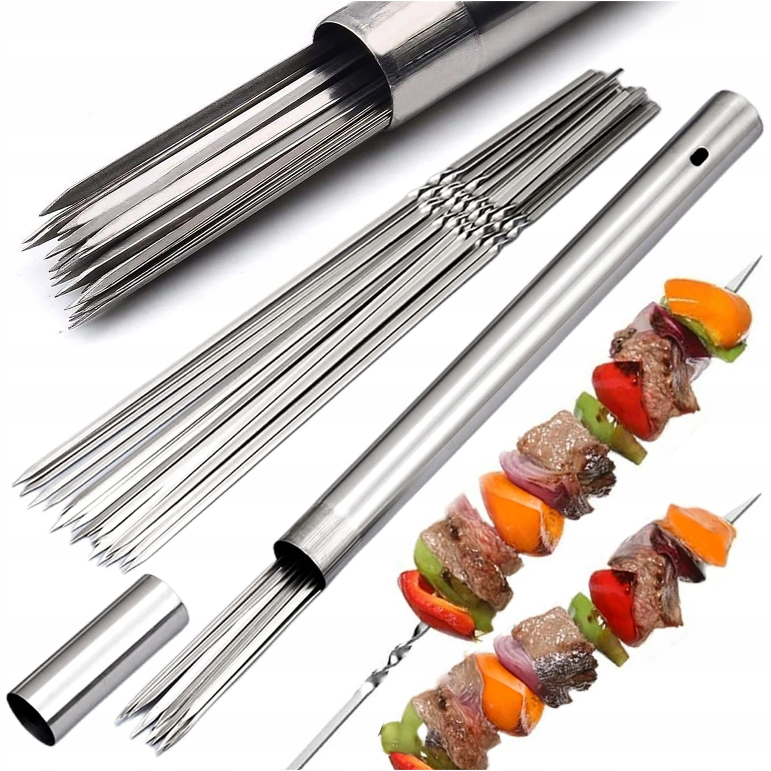 RVS BBQ-spiesjes, 20 stuks, 35 cm, plat gedraaid ontwerp, herbruikbare kebabspiesjes, roestbestendig, set met opbergkoffer voor grill, kampvuur, vlees, groenten, barbecue, buiten koken, picknick,
