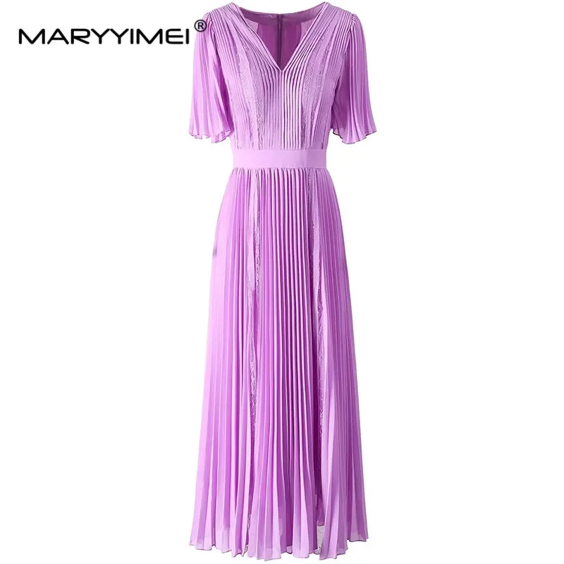 

MARYYIMEI Spring Summer Women's New Fashion Big Swing Dress V-Neck Short-Sleeved Lace Splicing Pleated Dresses