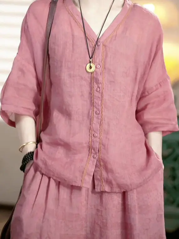 

Льняной топ с v-образным вырезом и широкими брюками, женский модный повседневный костюм-двойка большого размера, весна 2025, Новое поступление