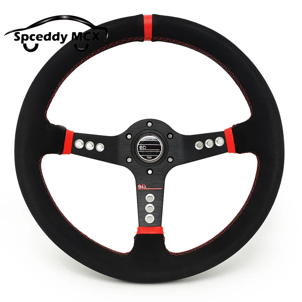 Red Sp* Car Steering Wheel 14inch Concave Suede Leather 350mm Racing Rally 9 Hole Spoke Steering Wheel