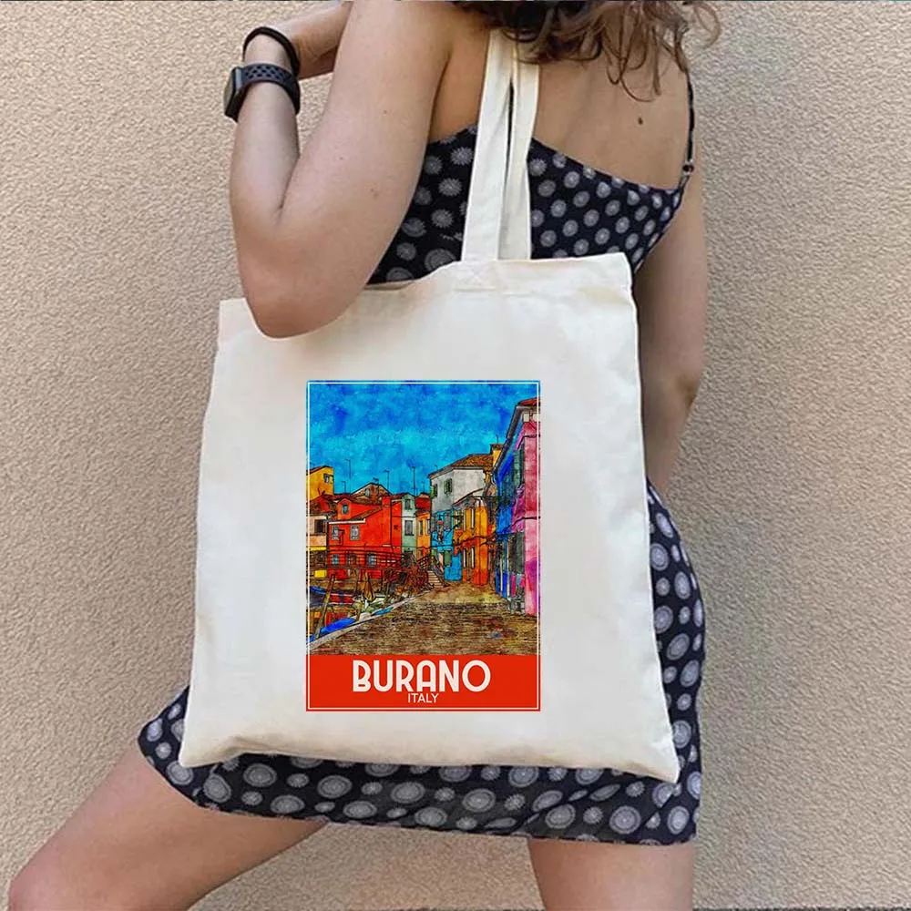 Burano Florence Amsterdam Arras Athens Berlin Brussels Budapest Bologna Bran Romania Hand Drawn Painting Canvas Tote Bag Handbag