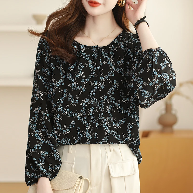 Women Summer Korean Loose Fashion Floral Chiffon Polo-Neck Long Sleeve Shirts Women Clothes Casual Temperament All-match Tops