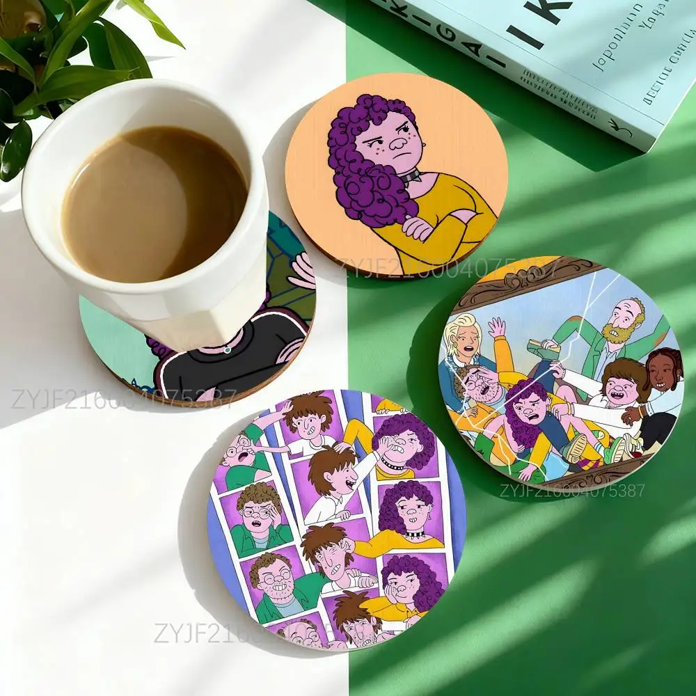 

L-Long Story Short Show Round Wooden Coasters Heat Resistant Non-slip Drink Cafe Decoration 2D Flat Color Print Set